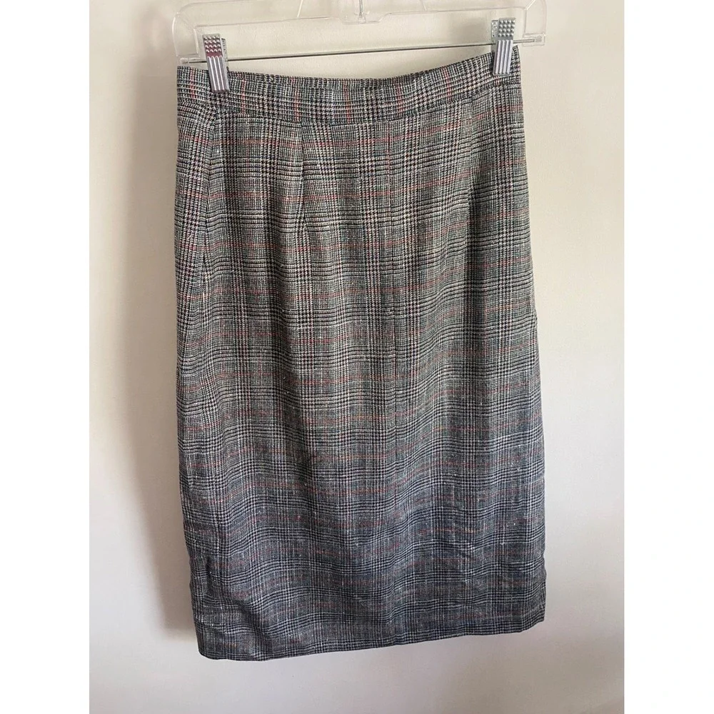 Robinsons Petites Vintage Plaid Pleated Midi Skirt Side Button Gray Silk Blend